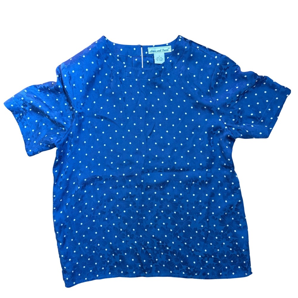 Anna and Frank Vintage Cottagecore Minimalist Women's Floral Blouse Blue Silk
